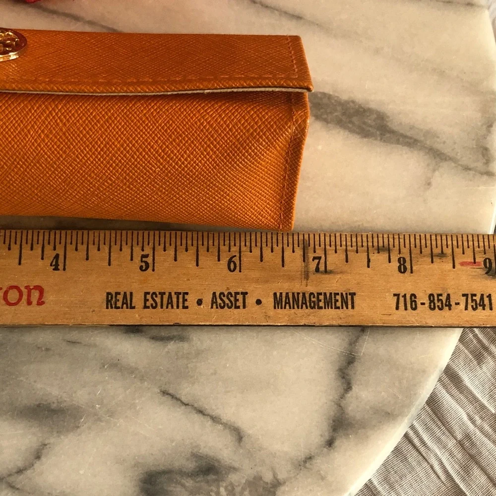 TORY BURCH orange leather eye glasses case triangle snap close gold Miller logo